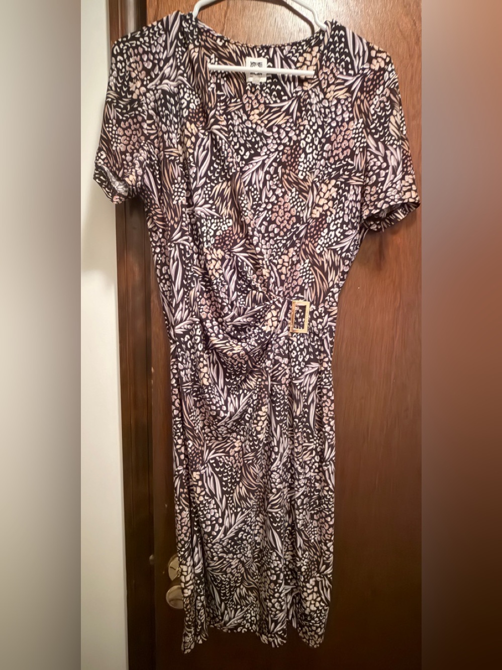 Taupe and Black Printed Wrap Dress with Gold Buckle